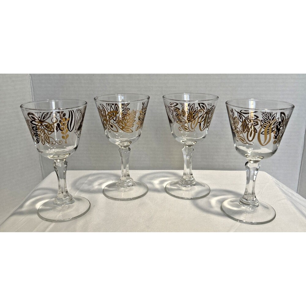 Vintage MCM Gold Butterfly Paisley Cordial Liqueur Glasses Set of 4 - 5.25” Tall